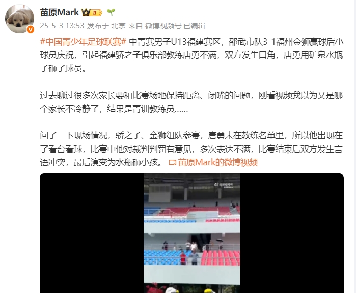 苗原：U13中青赛中教练与对方发生言语冲突，最后演变为扔瓶子伤害孩子