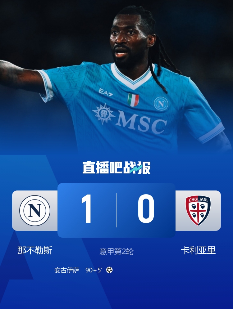 那不勒斯在意甲中以1-0战胜卡利亚裏取得两连胜 安古伊萨打入制胜球